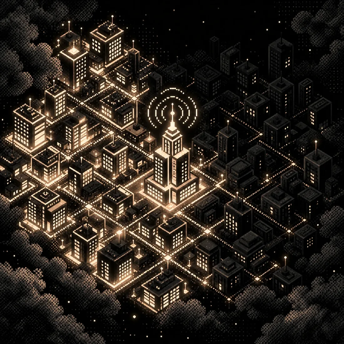 An isometric pixel city at night: one half glowing, the other half dark