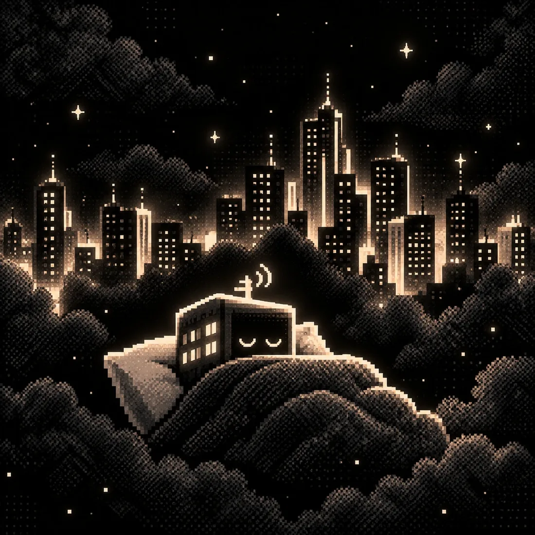 A small building tucked into bed under a blanket, eyes closed, in front of a dim skyline